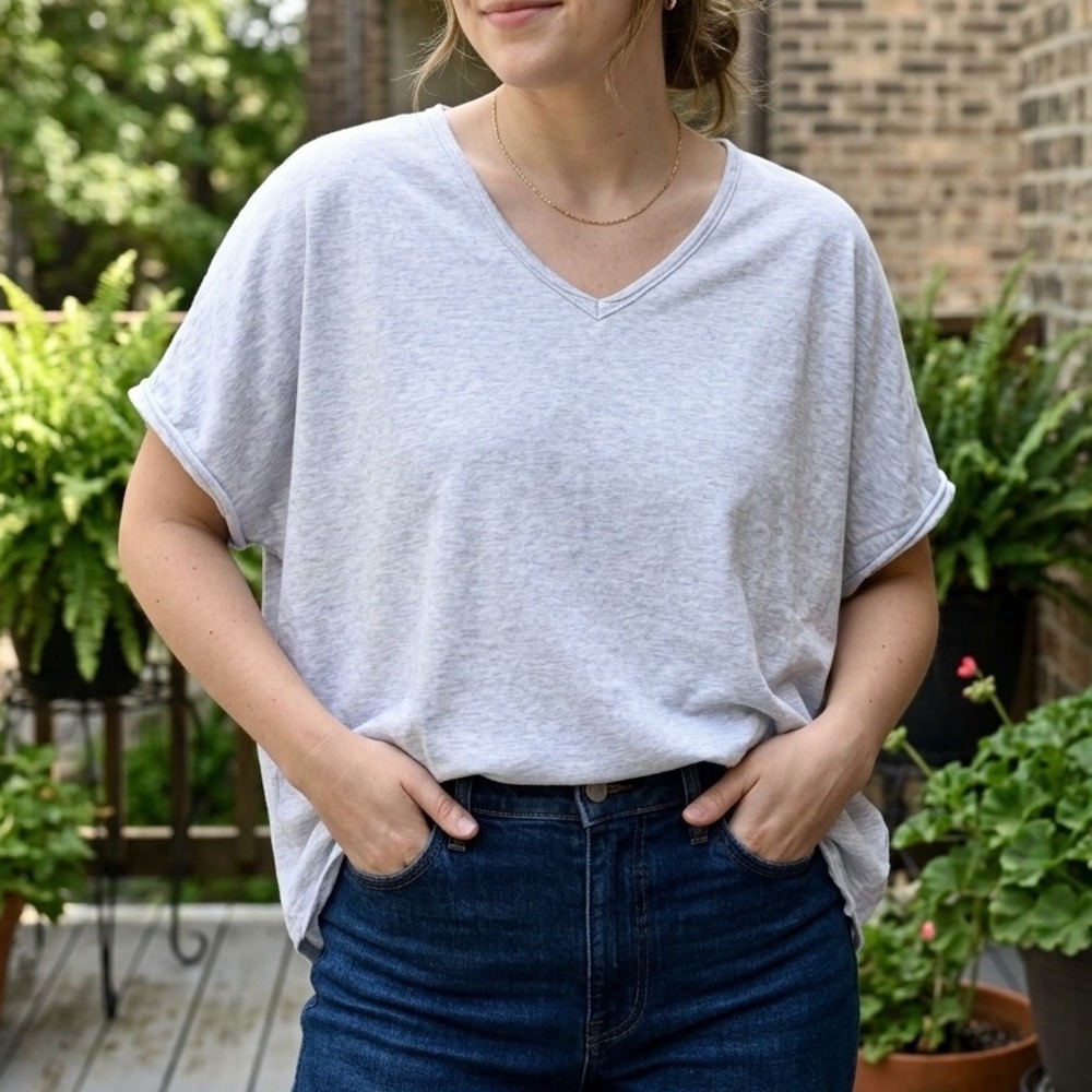 Mersea Womens OS Grey French Terry V-Neck Oversized Short Sleeve Top Tee